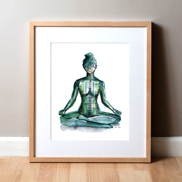 Meridians of the Body Front View Watercolor Print - Yoga Art - NaturopathicArt - Meridians Painting