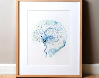 Zerebrale Angiographie - Gehirnkunst-Aquarell - Gehirnmalerei - Neurologie und Herz-Kreislauf-Kunst - Anatomie-Aquarellkunst