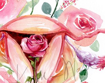 花の子宮の水彩画 - 不妊治療アート - 産婦人科アート - 子宮の