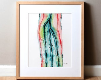 May include: Abstract watercolor painting of a tree trunk with a vibrant green, blue, and red color scheme. The painting is framed in a light wood frame.