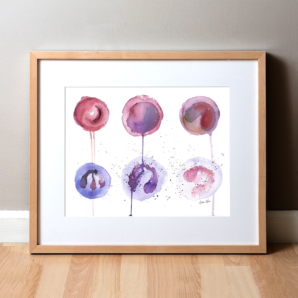 6 Blood Cells Watercolor Print - Histology and Hematology Art Print - Red and White Blood Cell Abstract Print