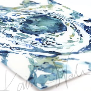 May include: Abstract watercolor painting in shades of blue, green, and white. The painting features a swirling, organic pattern with a central focal point.