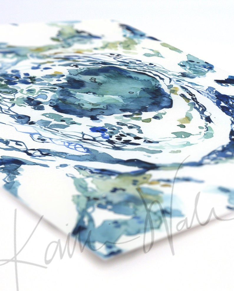 May include: Abstract watercolor painting in shades of blue, green, and white. The painting features a swirling, organic pattern with a central focal point.