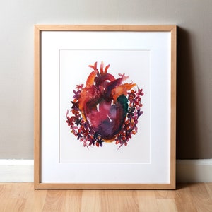 Bold Heart - Anatomical Heart and Flowers Watercolor Print  - Cardiovas Watercolor Art Print