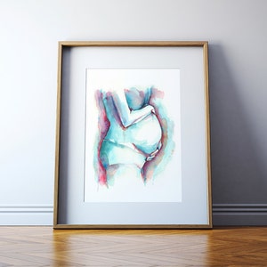 Con bambino - Stampa artistica ad acquerello di donna incinta - Acquerello di gravidanza blu e rosa - Acquerello di fertilità - Regalo per mamma e bambino