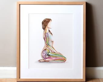 Calming Anatomy Watercolor Print - Sitting Yoga Watercolor - Thunderbolt Pose Anatomy Art Print - Medical Art - Anatomy Art