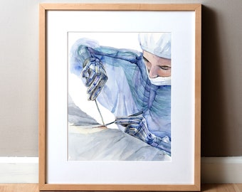 May include: Watercolor painting of a surgeon performing surgery. The surgeon's skeleton is visible through their blue surgical gown. The surgeon is using a scalpel to make an incision.