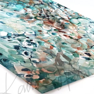 May include: Abstract watercolor painting with a teal, blue, green, and brown color scheme. The painting features a pattern of overlapping circles and organic shapes.