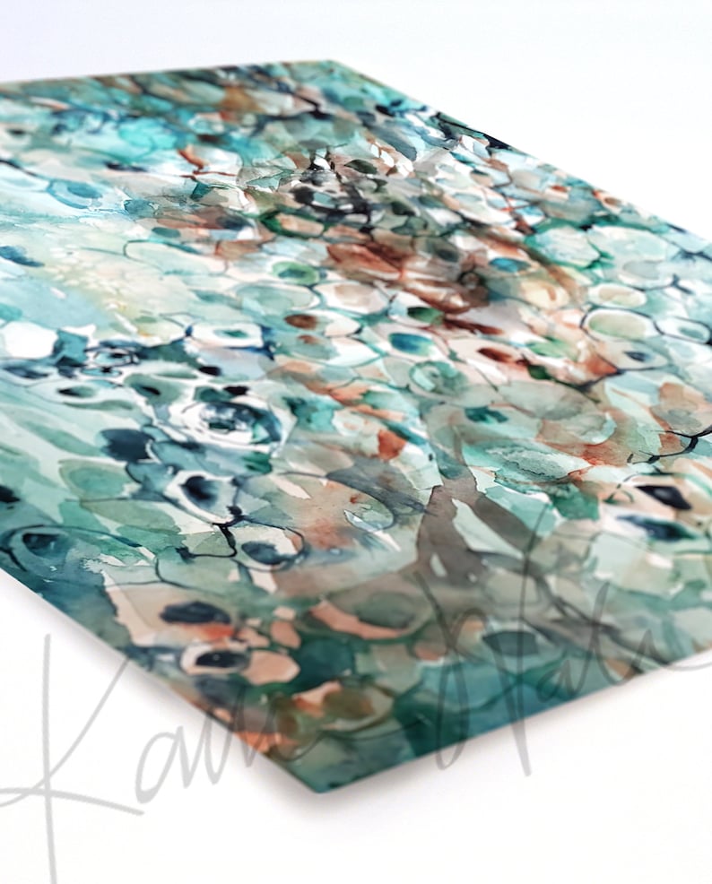 May include: Abstract watercolor painting with a teal, blue, green, and brown color scheme. The painting features a pattern of overlapping circles and organic shapes.