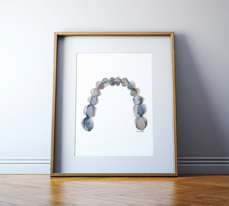 Mandibular Arch in Gray Abstract Teeth Watercolor Print, Dental Art, Occlusal View of Mandibular Teeth image 1