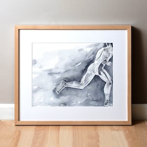May include: A black and white watercolor painting of a person running. The person's muscles are visible and the background is a light gray wash.