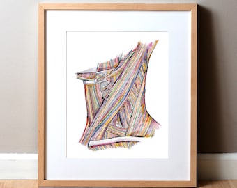 May include: A detailed anatomical illustration of the neck muscles, drawn in colorful lines on a white background. The illustration is framed in a light wood frame.