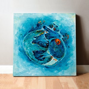May include: Abstract painting with a blue, green, and orange color scheme. The painting features a swirling, organic shape in the center, surrounded by smaller, scattered shapes.