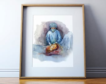 Prepping - C-Section Art - OBGYN and Female Reproductive Anatomy Print - Birth Art - OBGYN Surgery Art - Fetal Anatomy Watercolor