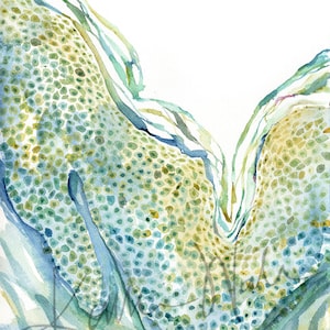 May include: Abstract watercolor painting with a swirling, organic pattern in shades of blue, green, and yellow. The pattern resembles a river or stream with a textured, speckled surface.