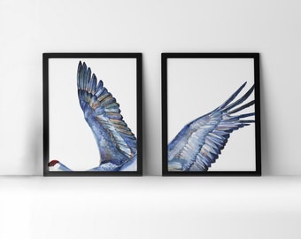 Winged Bird Diptych 2 Watercolor Print Set - Flying Bird - Bird Art - Animal Art