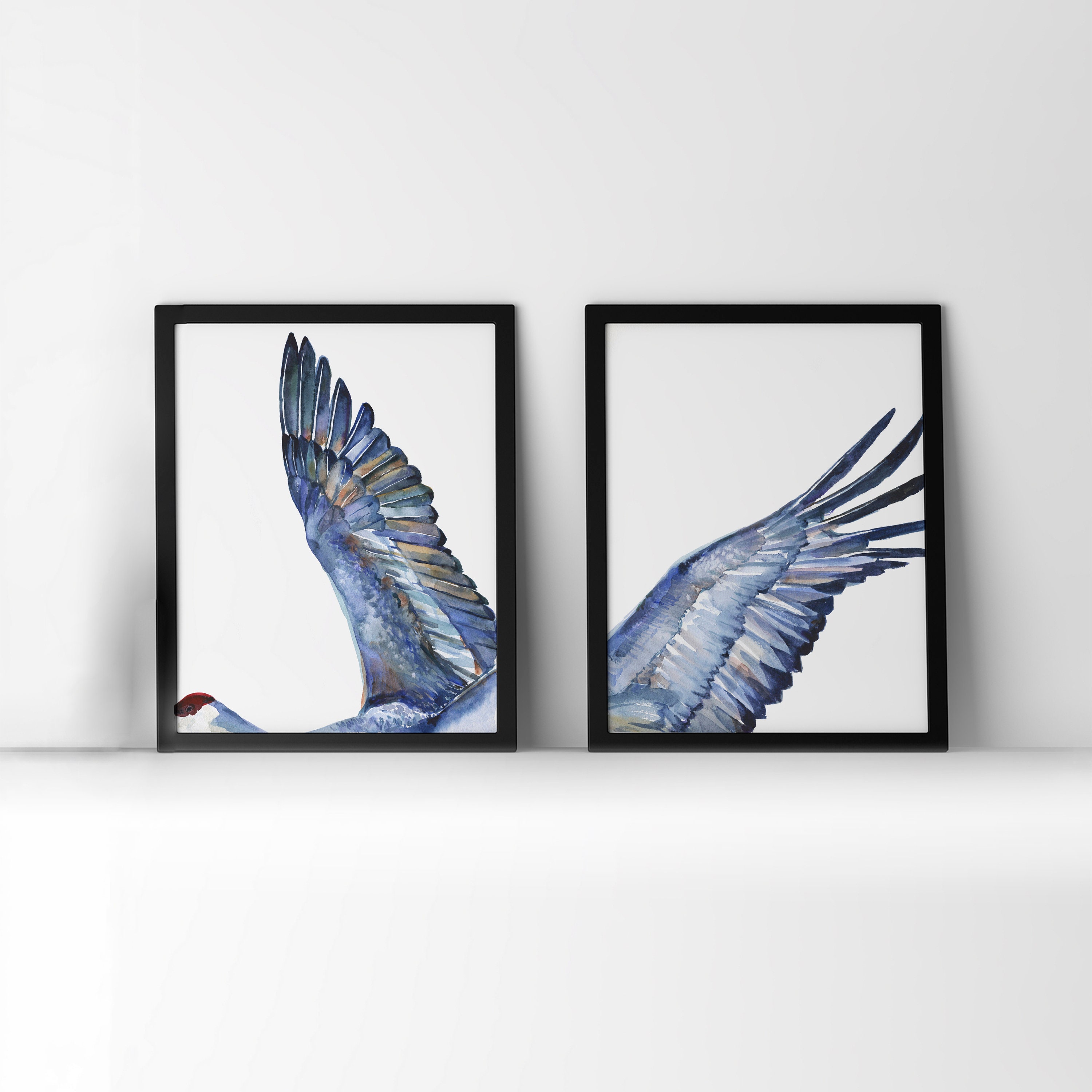 翼のある鳥の二連画 水彩画プリントセット - 飛ぶ鳥 - 鳥の