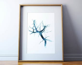 May include: A framed watercolor painting of a blue tree branch with a white background.