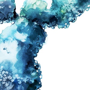 May include: Abstract watercolor painting with shades of blue and green. The colors blend together to create a flowing, organic shape.