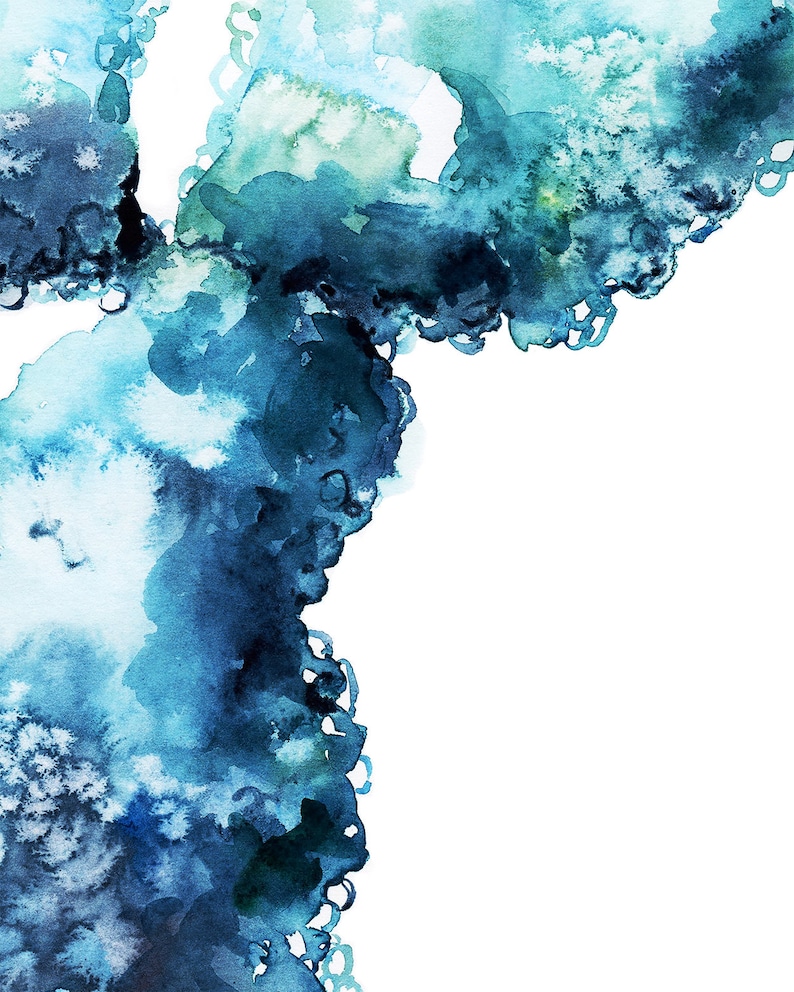 May include: Abstract watercolor painting with shades of blue and green. The colors blend together to create a flowing, organic shape.
