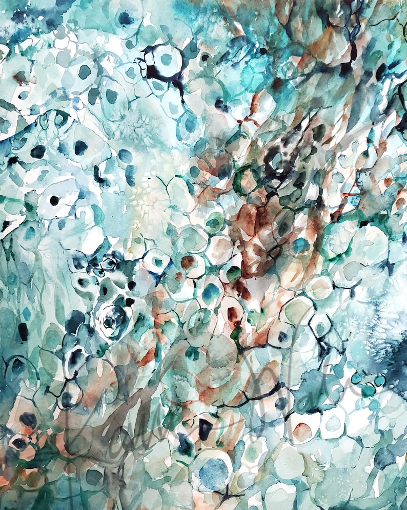 May include: Abstract watercolor painting with a blue, green, and brown color scheme. The painting features a variety of shapes and textures, creating a dynamic and organic composition.