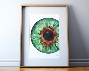 May include: A watercolor painting of a green eye with a black pupil and an orange iris. The eye is painted in a realistic style and the details are very intricate.