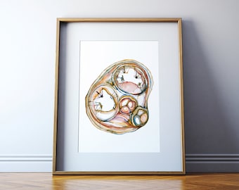 May include: Watercolor painting of a cross-section of a heart. The heart is painted in shades of brown, orange, pink, and blue. The painting is framed in a light wood frame.