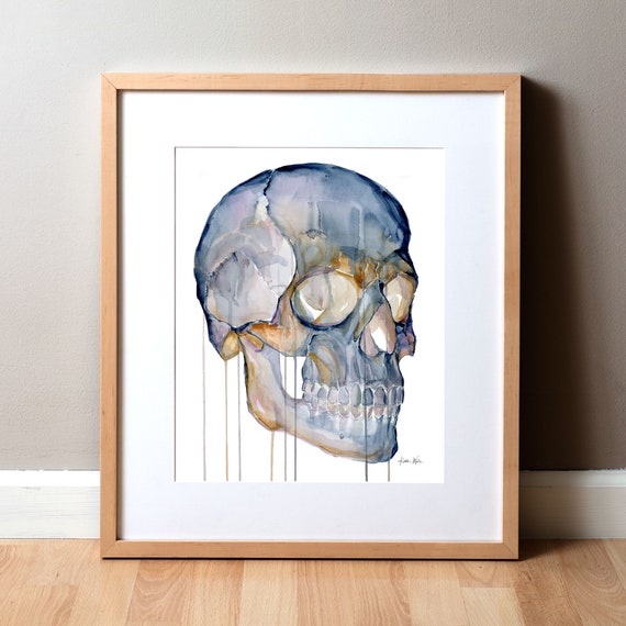 Three Quarter Skull Watercolor Print - Skull Painting - Anatomical Skull