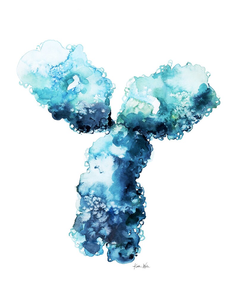 May include: Abstract watercolor painting of a Y-shaped form in shades of blue and green. The painting has a textured, organic feel.
