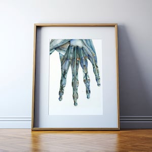 May include: A watercolour painting of a hand with the muscles and tendons visible. The hand is painted in shades of blue and green, with a white background.