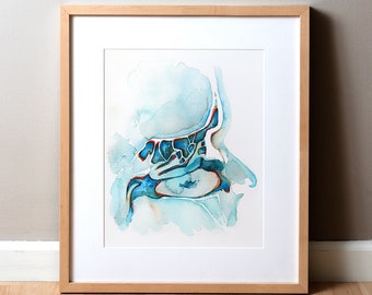 以下が含まれることがあります： 鼻腔に焦点を当てた人間の頭蓋骨の水彩画。絵は青、緑、オレンジの色合いで描かれている。