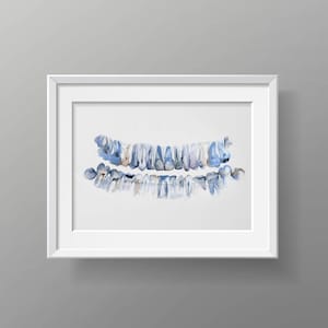 Pan X Ray Teeth Watercolor Art Print - Dental Anatomy Watercolor Art Print In Blue