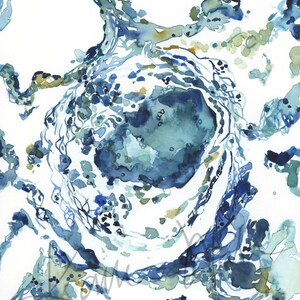 May include: Abstract watercolor painting with swirling blue and green hues on a white background. The painting features a central circular shape with a textured, organic feel.