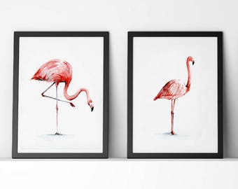 Bird Art Print Set - Flamingo Watercolor Print Set