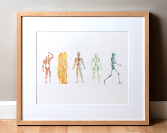 May include: A watercolour painting of five human figures, each depicting a different system of the body. The figures are arranged in a row from left to right, starting with the muscular system, followed by the skeletal system, the circulatory system, the nervous system, and finally the lymphatic system. The figures are all in a standing position, with the exception of the skeletal figure, which is walking.
