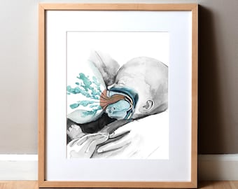 May include: Watercolor art print of a baby breastfeeding, framed in a light wood frame. The artwork depicts a cross-section of the baby's head and the breast, with blue and orange accents. The baby is held in the arms of a person.