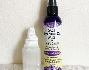 Space & Energy Clearing, Feng Shui, Angelic; SAGE Essential Oil Mist with Clear Quartz Crystals and Crystal Gem Essence; Rituals n Ceremony