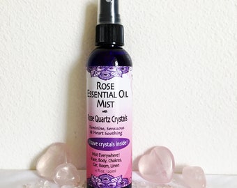 Heart Soothing, Anti-Stress, Feminine, Stabilizing; ROSE Essential Oil Mist with Rose Quartz Crystals and Crystal Gem Essence