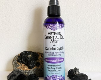 Grounding, Revitalizing, Uplifting; VETIVER ~ Essential Oil Mist with Black Tourmaline Crystals & Crystal Gem Essence