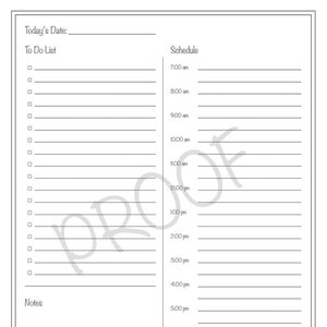 Puede incluir: Un planificador diario imprimible con una lista de tareas y un horario para el día. El planificador tiene un espacio en blanco para la fecha y una sección para notas.