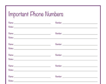Important Contacts and Phone Numbers Printable | Instant PDF Digital Download | Simply Designed | Type in Text Before Printing