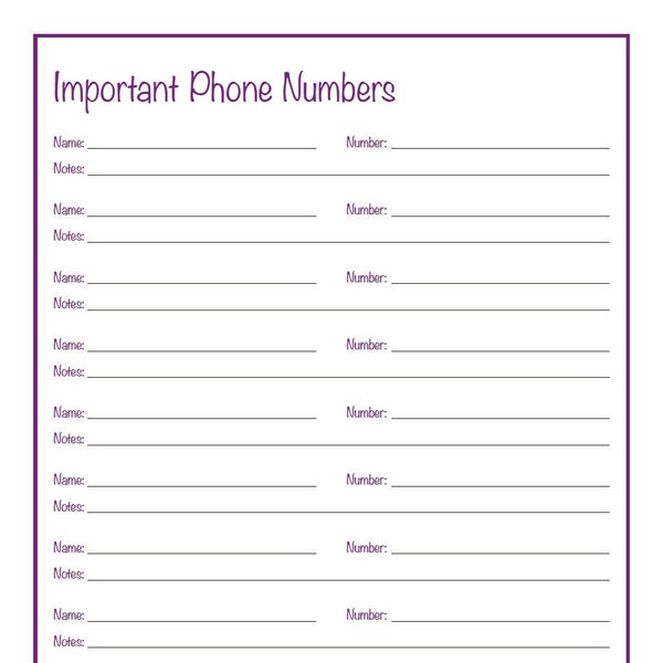 Important Contacts and Phone Numbers Printable | Instant PDF Digital Download | Simply Designed | Type in Text Before Printing