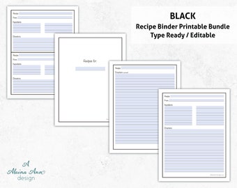 Black Recipe Binder Printable Bundle | Instant PDF Digital Download | Simply Designed | Type in Text Before Printing