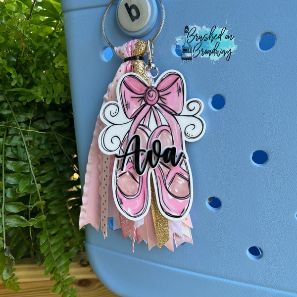 Ballet/Dance BOGG bag tag, BOGG bag charm, Charm with Ribbons, Pink and Gold, Ballet Bag Accessories, Ballet mom, Personalized acrylic tag