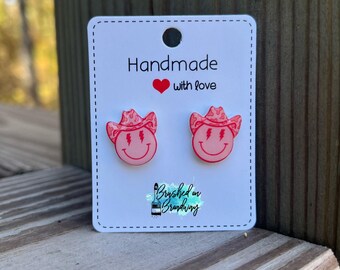 Pink Cowgirl smiley face earrings, Preppy stainless steel stud earrings, Gifts for her, Small stocking stuffers, Readytoship, Fast shipping