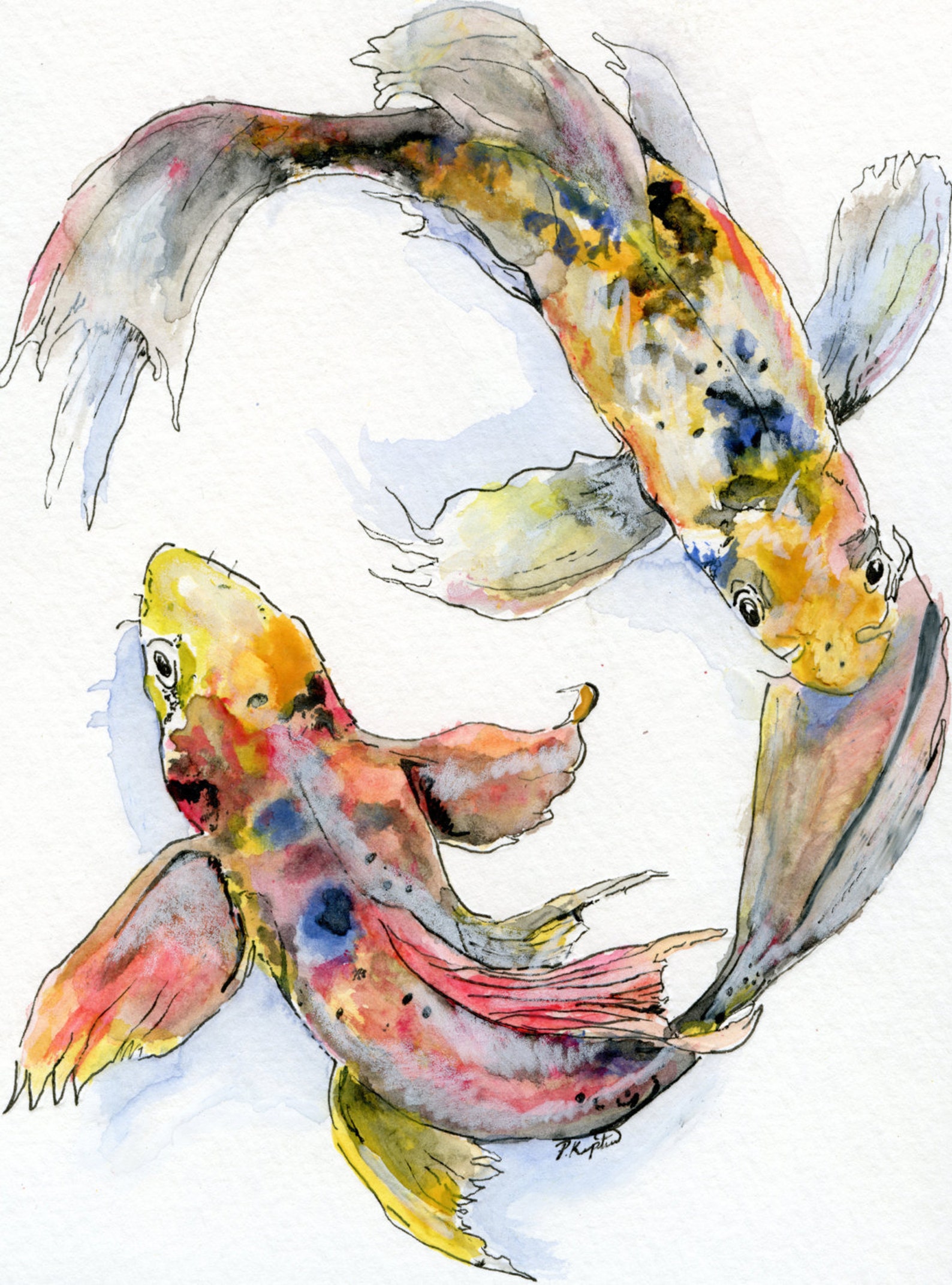 Koi Fish Watercolor and Ink Painting Etsy
