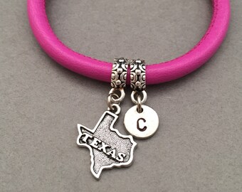 Texas leather bracelet, Texas charm bracelet, leather bangle, personalized bracelet, initial bracelet, monogram