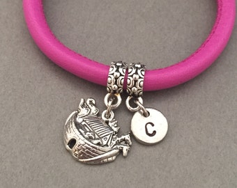 Noah's ark leather bracelet, Noah's ark charm bracelet, leather bangle, personalized bracelet, initial bracelet, monogram