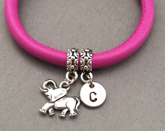 Elephant leather bracelet, elephant charm bracelet, leather bangle, personalized bracelet, initial bracelet, monogram