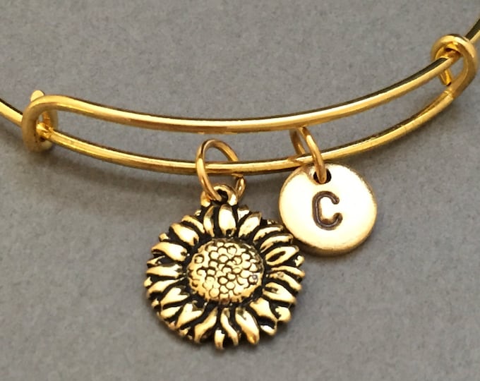 Sunflower bangle, sunflower charm bracelet, expandable bangle, charm bangle, personalized bracelet, initial, monogram